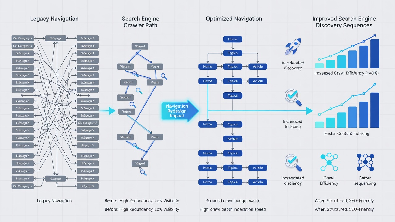 Screenshot comparison of before-and-after navigation layouts demonstrating altered link flow in a content archive